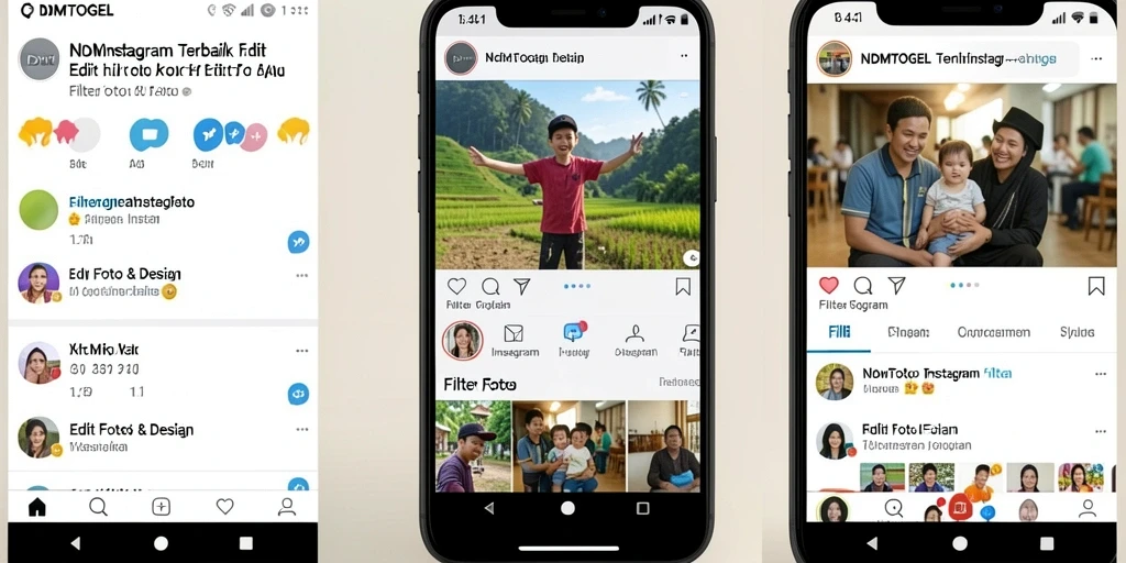 Screenshot antarmuka aplikasi NDMTOGEL dengan berbagai pilihan filter Instagram.